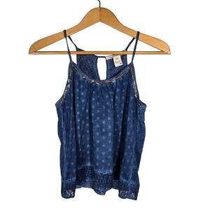 Vtg AMERICAN RAG CIE Indigo Beaded Tank Lace‎ Boho Cropped Beach Coastal Medium
